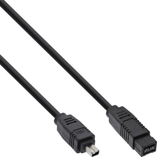 Ein schwarzes IEEE-1394-FireWire-Kabel mit unterschiedlichen Steckern an jedem Ende vor weißem Hintergrund.