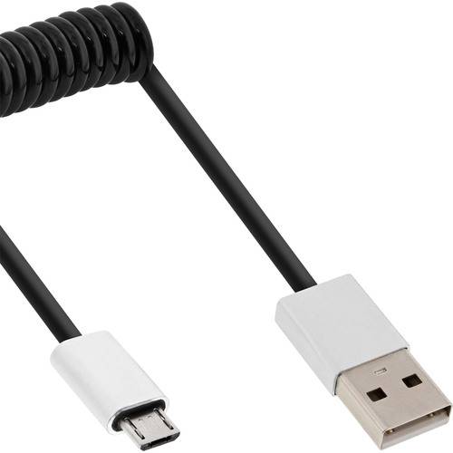 Aufgerolltes USB-zu-Micro-USB-Kabel, schwarz mit weißen Steckern, zeigt beide Enden nebeneinander vor einem einfachen Hintergrund.