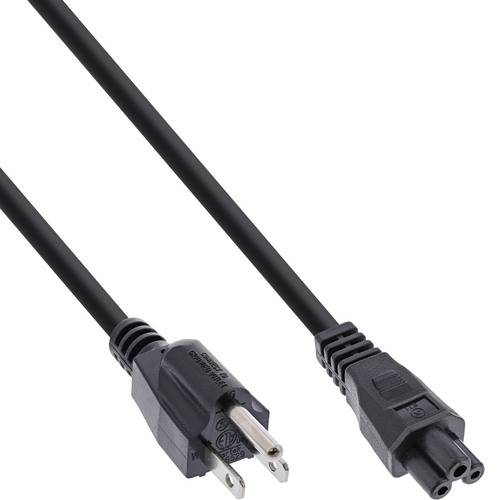 Ein schwarzes Stromkabel mit einem dreipoligen Stecker an einem Ende und einer dreipoligen Buchse am anderen Ende, typischerweise für Haushaltsgeräte oder Computer verwendet.