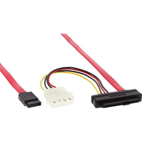 SATA-Strom- und Datenkabel mit rotem Kabel und schwarzen Anschlüssen, einzeln auf weißem Hintergrund dargestellt.