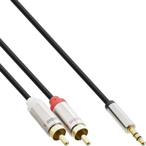 Aux-Kabel mit zwei RCA-Steckern: einer rot für das rechte Audiosignal und einer weiß für das linke Audiosignal, verbunden mit einer 3,5-mm-Buchse.