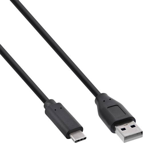 Schwarzes USB-C-auf-USB-A-Kabel mit einem USB-C-Anschluss an einem Ende und einem USB-A-Anschluss am anderen Ende, typischerweise verwendet zum Laden oder zur Datenübertragung.