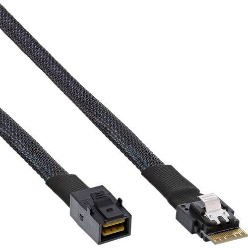 Zwei schwarze Datenkabel mit Anschlüssen an beiden Enden, die für interne Computerkomponenten konzipiert sind, sind parallel zueinander angeordnet.