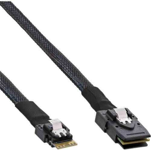 Ein schwarzes und silbernes Computerkabel mit Anschlüssen an beiden Enden, das für den Datentransfer zwischen Geräten wie Festplatten oder Servern verwendet wird.