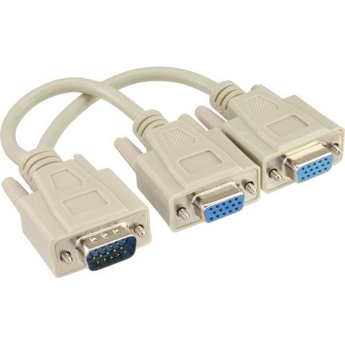 Ein VGA-Y-Splitter-Kabel, das einen männlichen Stecker mit zwei weiblichen Anschlüssen verbindet, wird verwendet, um einen Computer mit mehreren Monitoren zu verbinden.