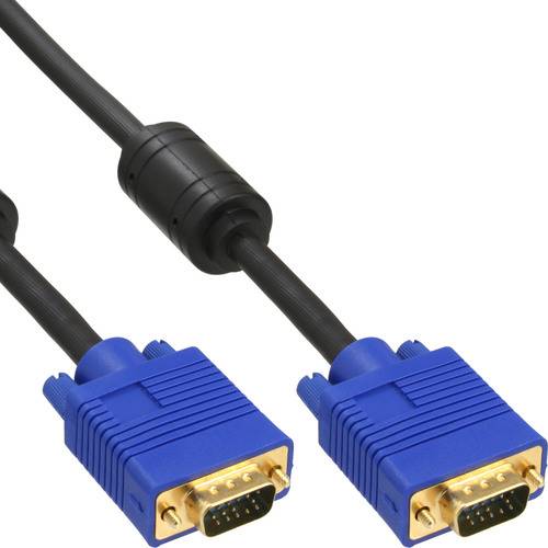 Zwei blaue VGA-Kabel mit Steckern an jedem Ende, mit einem Ferritkern in der Nähe eines Steckers, verwendet für Videoverbindungen.