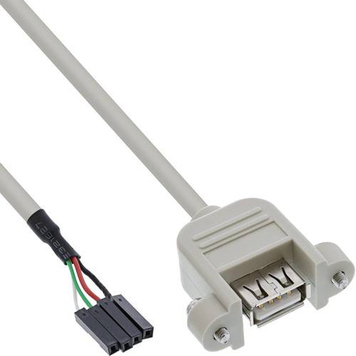 Ein beige USB-Verlängerungskabel mit einem weiblichen USB-Anschluss an einem Ende und vier freiliegenden Drähten mit gekennzeichneten Steckverbindern am anderen Ende.
