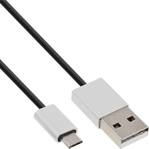 Ein USB-Kabel mit einem USB-A-Anschluss an einem Ende und einem Micro-USB-Anschluss am anderen Ende, das zum Verbinden von Geräten oder zum Laden verwendet wird.