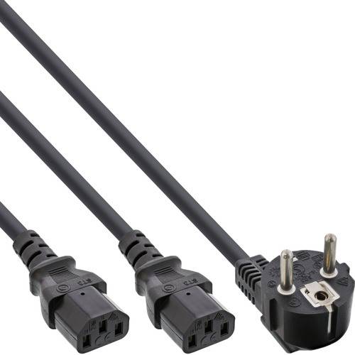 Ein schwarzes Stromkabel mit europäischem Stecker teilt sich in zwei Stromverbinder auf.