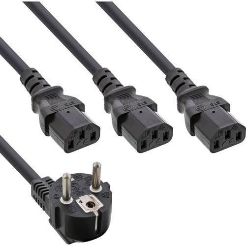 Ein Netzkabel mit einem EU-Stecker teilt sich in drei C13-Anschlüsse, die üblicherweise zum Anschluss mehrerer elektronischer Geräte an eine Stromquelle verwendet werden.