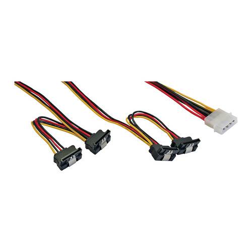 Ein SATA-Stromverteilerkabel mit einem Molex-Anschluss und vier SATA-Anschlüssen, das zum Versorgen mehrerer Festplattenlaufwerke aus einer Stromquelle verwendet wird.