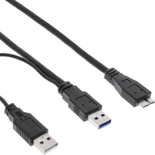 Bild zeigt drei Arten von USB-Kabeln: ein USB-A, ein USB-B mit blauem Reiter und ein Micro-USB. Kabel sind schwarz mit sichtbaren Steckern.