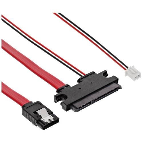 SATA-Stromkabel mit roten, schwarzen und weißen Drähten, die mit einem schwarzen Stecker und weißem Anschluss für Daten- und Stromübertragung verbunden sind.