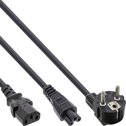 Drei Arten von schwarzen Stromkabeln mit unterschiedlichen Steckern: eines mit einem zweipoligen europäischen Stecker, eines mit einem dreipoligen Stecker und eines mit einem C13-Stecker.