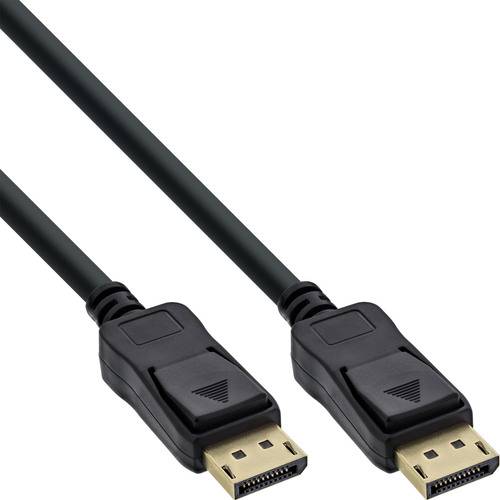 Zwei schwarze DisplayPort-Kabel mit nach vorne gerichteten Anschlüssen, die nebeneinander auf einem weißen Hintergrund liegen.