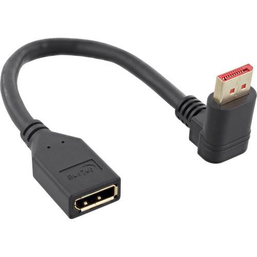 Ein rechtwinkliger DisplayPort-Adapterkabel mit einem Stecker auf der einen Seite und einer Buchse auf der anderen Seite, das für bequeme Verbindungen in beengten Räumen verwendet wird.