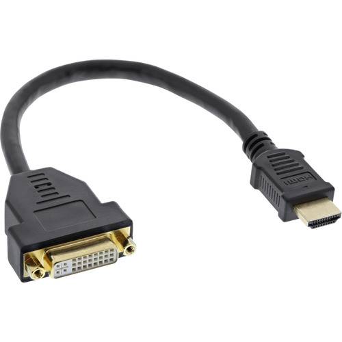 DVI-zu-HDMI-Adapterkabel mit vergoldeten Anschlüssen, schwarzem Kabel und gekennzeichnetem HDMI-Ende, verwendet zum Verbinden von Geräten mit unterschiedlichen Videoanschlüssen.
