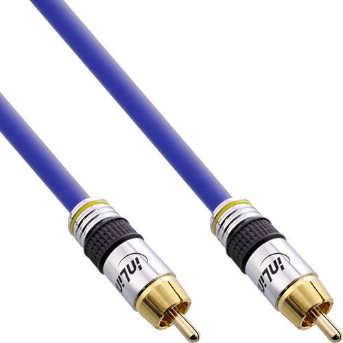 Ein blaues Audiokabel mit zwei vergoldeten RCA-Steckern an jedem Ende, ausgestattet mit Metallgriffen und 