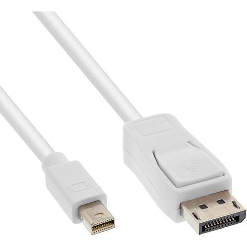 Ein weißes DVI-auf-Mini-DisplayPort-Kabel, in Nahaufnahme dargestellt, mit sichtbaren Anschlüssen an beiden Enden.
