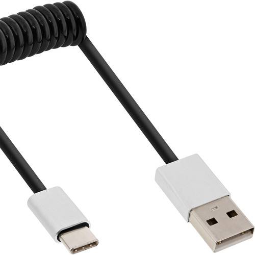Ein aufgerolltes Kabel mit einem USB-Type-C-Anschluss auf der einen Seite und einem USB-Type-A-Anschluss auf der anderen Seite, das zum Aufladen oder zur Datenübertragung verwendet wird.