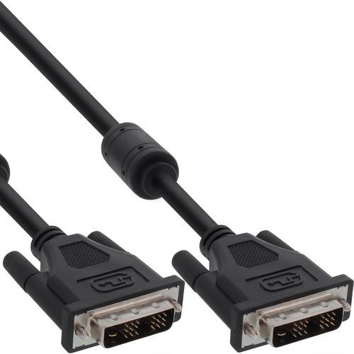 Zwei schwarze DVI-Kabel mit Metallverbindern zum Verbinden von Videodisplays, nebeneinander auf weißem Hintergrund liegend.