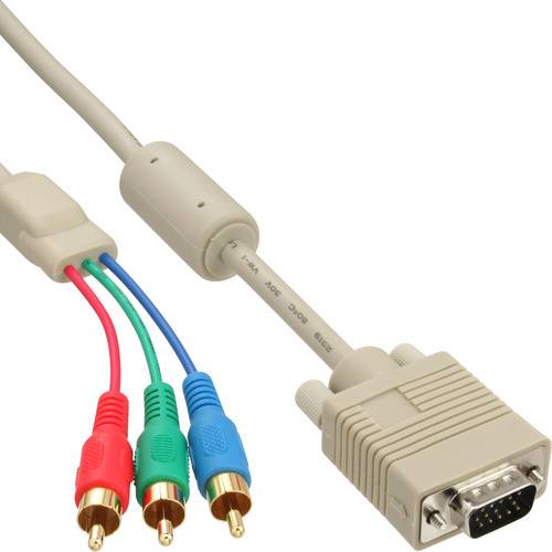 Ein VGA-Kabel mit einem DE-15-Stecker auf der einen Seite und drei RCA-Steckern in Rot, Grün und Blau auf der anderen Seite, das für Videoverbindungen verwendet wird.