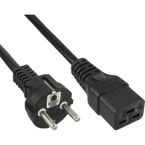 Ein schwarzes Stromkabel mit einem europäischen Stecker auf der einen Seite und einem IEC-C13-Anschluss auf der anderen Seite, das für elektrische Geräte verwendet wird.