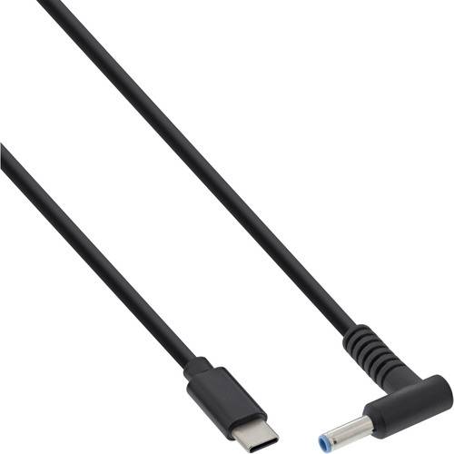 Schwarzes USB-C-zu-Gleichstrom-Adapterkabel mit abgewinkeltem Gleichstromstecker zum Laden oder Betreiben kompatibler Geräte.
