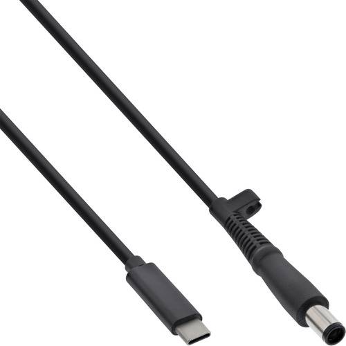 Ein USB-C-auf-Hohlstecker-Ladekabel, dargestellt mit beiden Enden: ein kleiner USB-C-Anschluss und ein zylindrischer Hohlstecker für Stromversorgungskompatibilität.