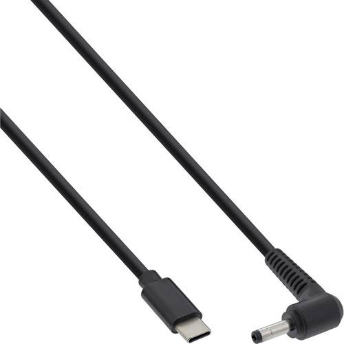 Ein schwarzes Kabel mit einem USB-C-Anschluss an einem Ende und einem rechtwinkligen Barrel-Anschluss am anderen Ende, das zum Aufladen von Geräten verwendet wird.