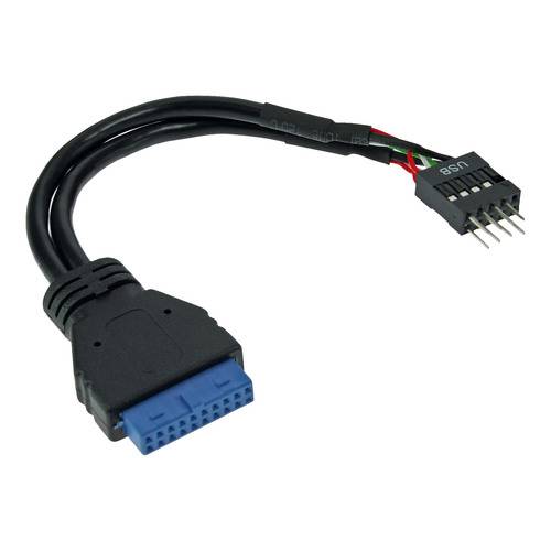Ein schwarzes USB-internes Header-Kabel mit einem blauen 19-poligen Anschluss an einem Ende und einem 5-poligen Anschluss mit der Bezeichnung „USB