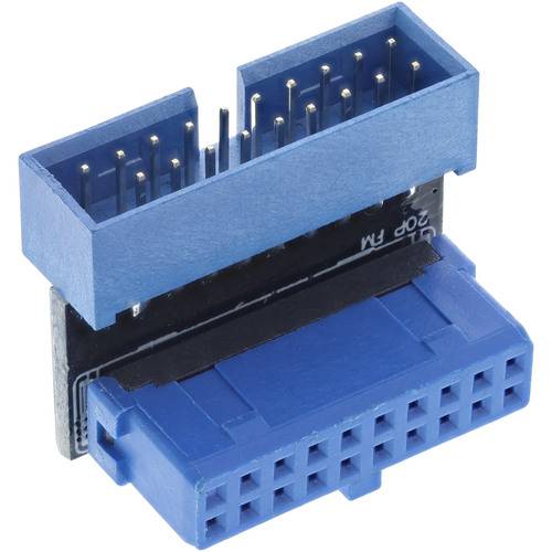 Ein blauer USB 3.0 20-Pin-Interner Stecker und Adapter mit Darstellung der Stiftkonfiguration und Buchse, verwendet in Computer-Motherboards.