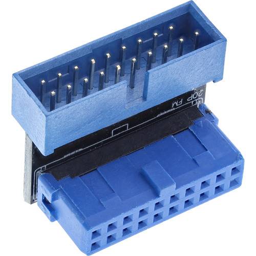 Ein blauer 20-poliger USB 3.0-Adapter von Stecker zu Buchse, der Steckerstifte und Anschlüsse zeigt und für interne Computerkomponentenverbindungen konzipiert ist.