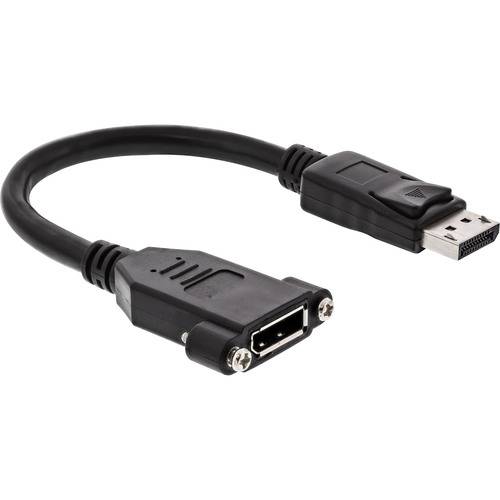 Ein kurzes schwarzes Kabel mit einem DisplayPort-Stecker auf der einen Seite und einem DVI-D-Anschluss auf der anderen Seite, das zum Verbinden kompatibler Geräte verwendet wird.