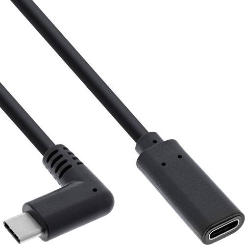 Ein USB-C-Winkeladapterkabel, das die männlichen und weiblichen Anschlüsse zeigt, konstruiert um Biegungen zu verhindern und die Lebensdauer des Kabels zu verlängern.