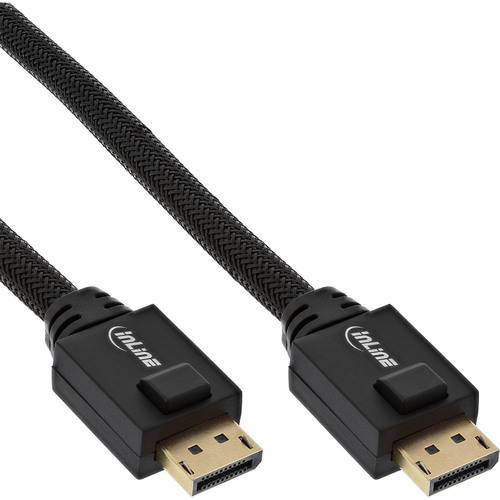 Zwei schwarze DisplayPort-Kabel mit vergoldeten Steckern auf weißem Hintergrund. Die Kabel haben ein geflochtenes Design für Haltbarkeit.