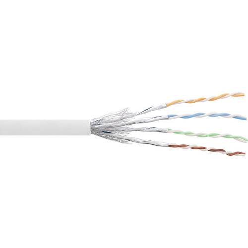 Ein weißes Kabel mit acht freiliegenden Drähten, jeweils in verdrillten Paaren in unterschiedlichen Farben: Orange, Blau, Grün und Braun, was auf Ethernet-Verkabelung hinweist.