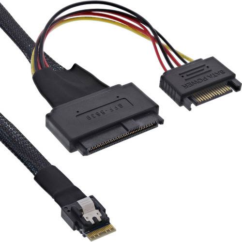Drei SATA-Kabel mit unterschiedlichen Anschlüssen, einschließlich eines Datenkabels und zwei Stromkabeln.