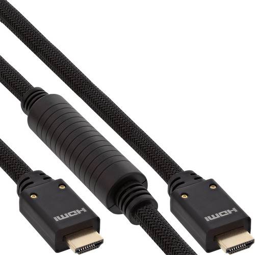 HDMI-Kabel mit strukturierter schwarzer geflochtener Ummantelung und Ferritkern, Stecker mit der Bezeichnung „HDMI