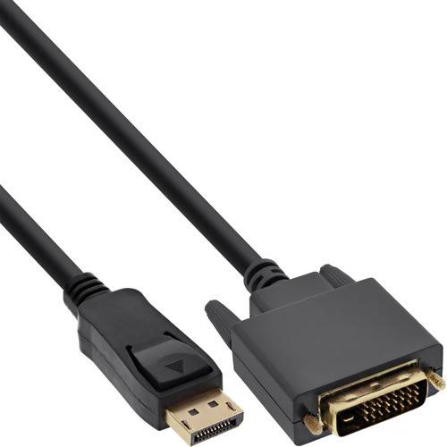 Ein schwarzes Kabel mit einem DisplayPort-Stecker auf der einen Seite und einem DVI-Stecker auf der anderen Seite, das zum Anschluss von Computern an Monitore verwendet wird.