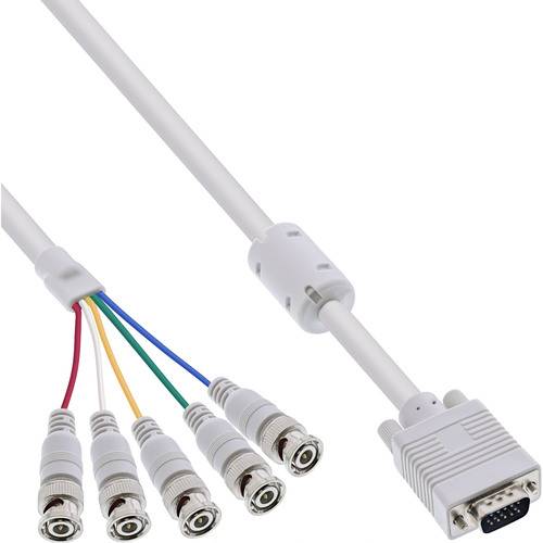 Ein VGA-Kabel mit einem Adapter, der sich in fünf Stecker aufteilt, jeweils farbcodiert: rot, gelb, grün, blau und weiß, für Video- und Audioverbindungen.