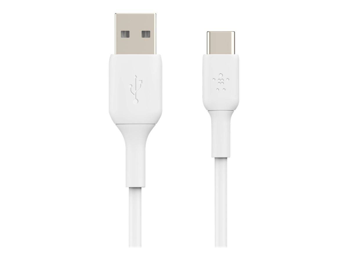 Weißes USB-A zu USB-C Ladekabel auf einfachem weißem Hintergrund, mit sichtbaren Steckern an beiden Enden.