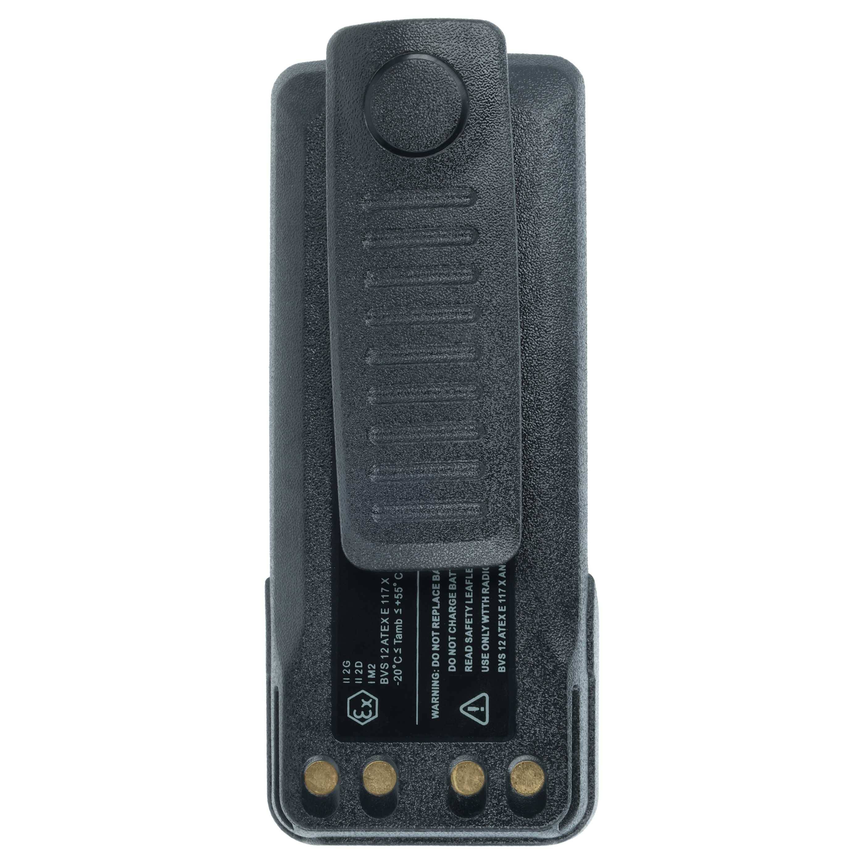 Ein schwarzer, rechteckiger Akku für ein Handfunkgerät mit Gürtelclip und goldenen Kontaktpunkten am unteren Ende.
