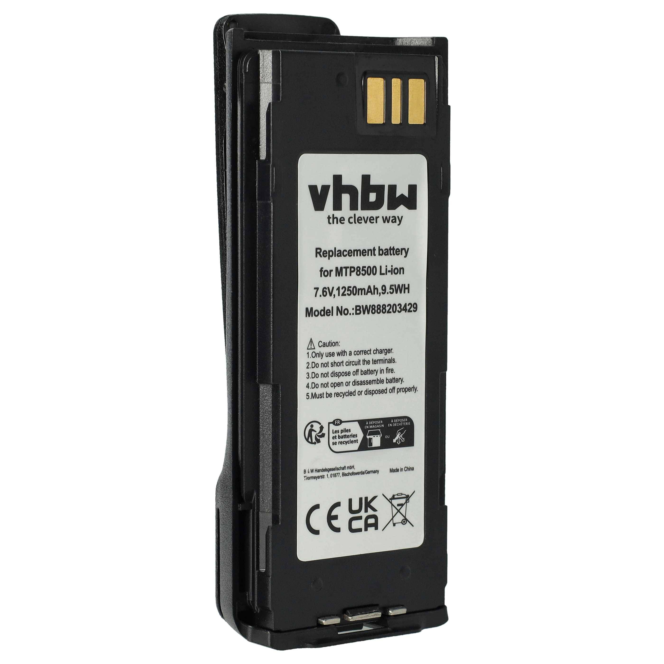 vhbw Akku kompatibel mit Motorola MTP8550Ex Funkgerät, Walkie Talkie (1250 mAh, 7,6 V, Li-Ion) + Gürtelclip