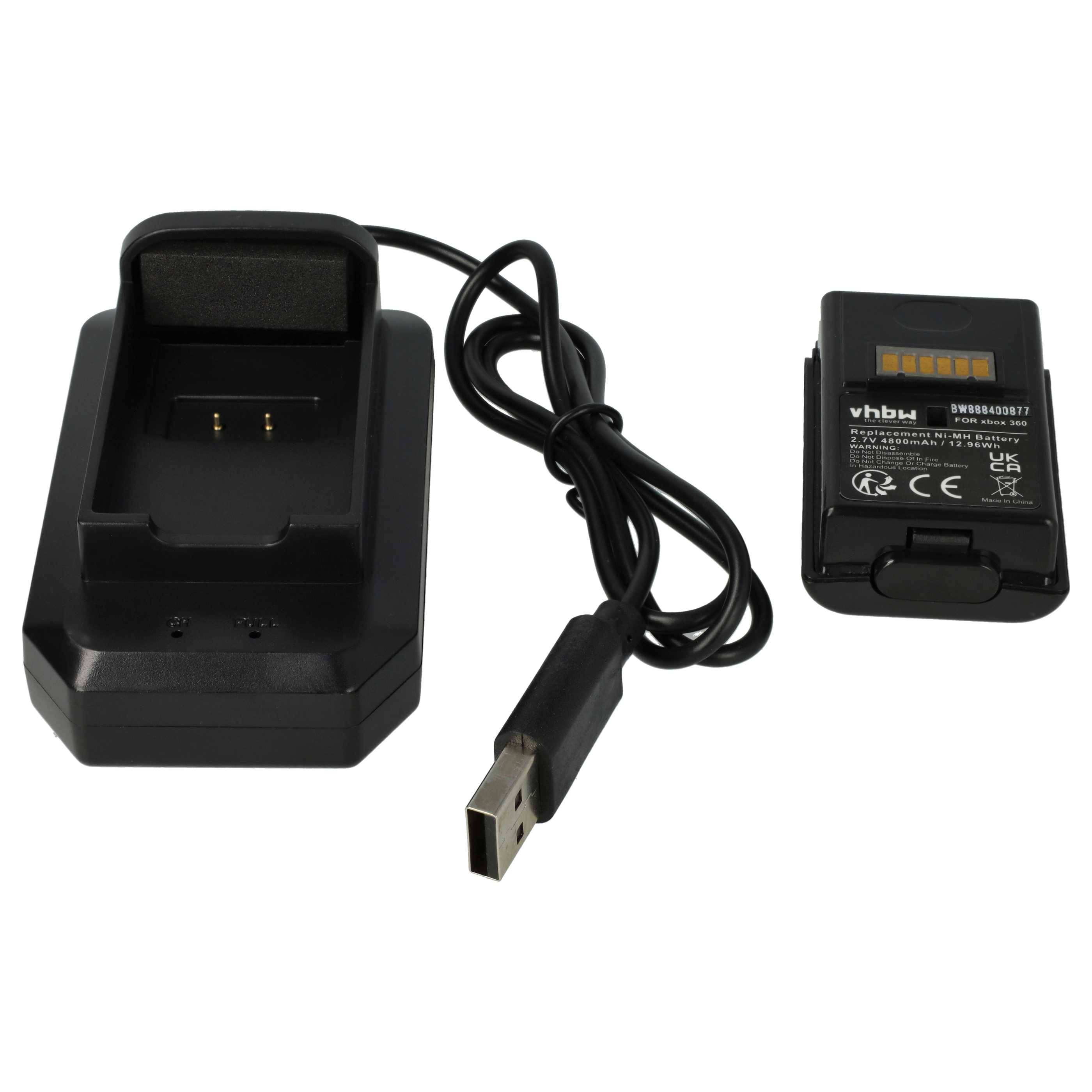 Kamerabatterieladegerät mit USB-Kabel und wiederaufladbarem Batteriepack auf weißem Hintergrund.