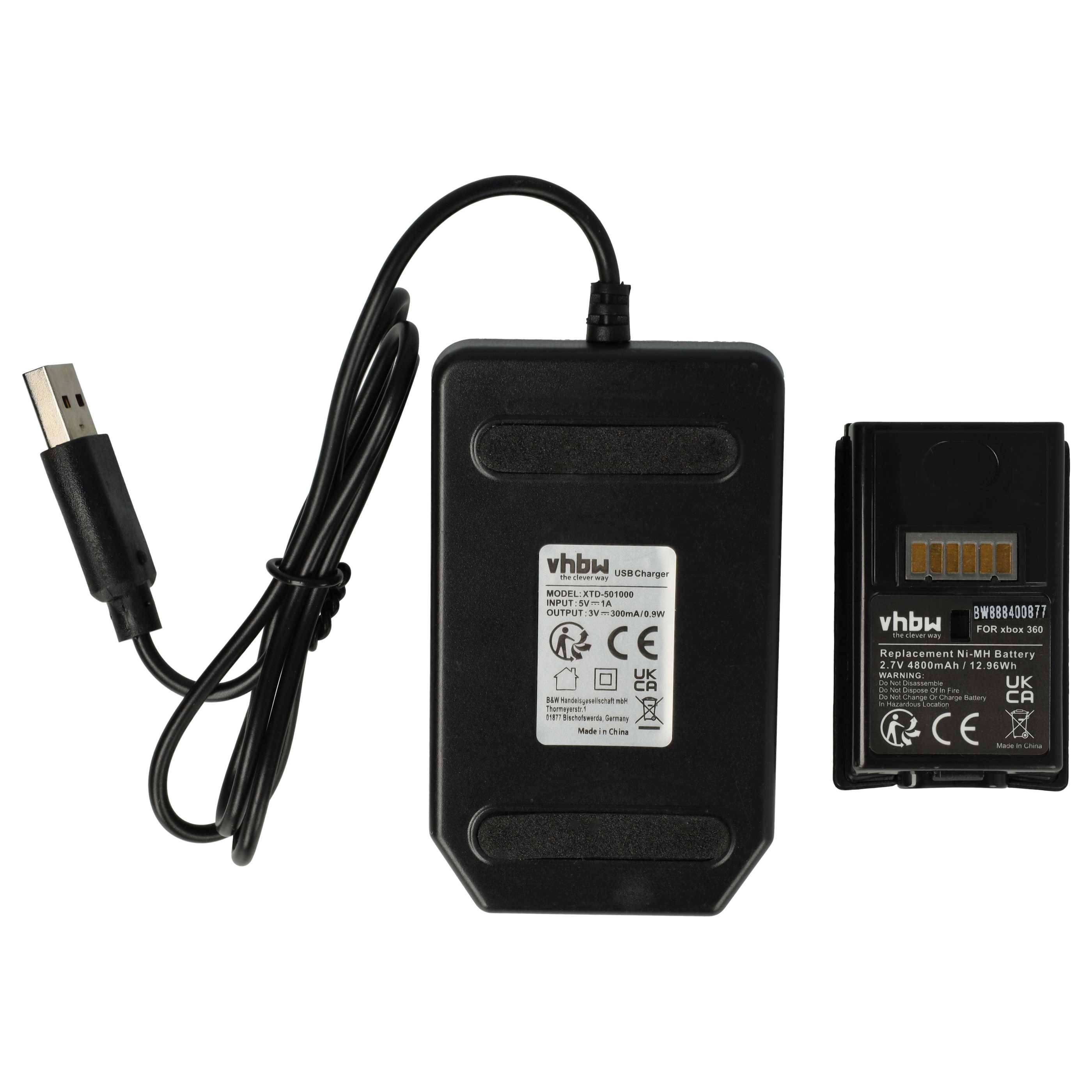 USB-Batterieladegerät mit Kabel und ein wiederaufladbares Batteriepaket, nebeneinander auf weißem Hintergrund gezeigt.