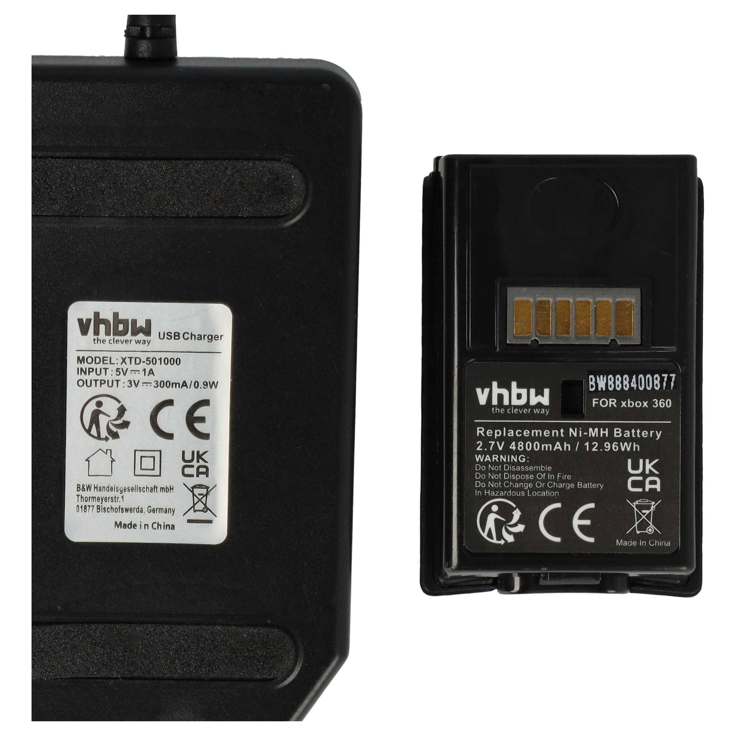 vhbw Akku kompatibel mit Microsoft Xbox 360 Controller (4800mAh, 2,4V, NiMH) inkl. Ladegerät, Schwarz