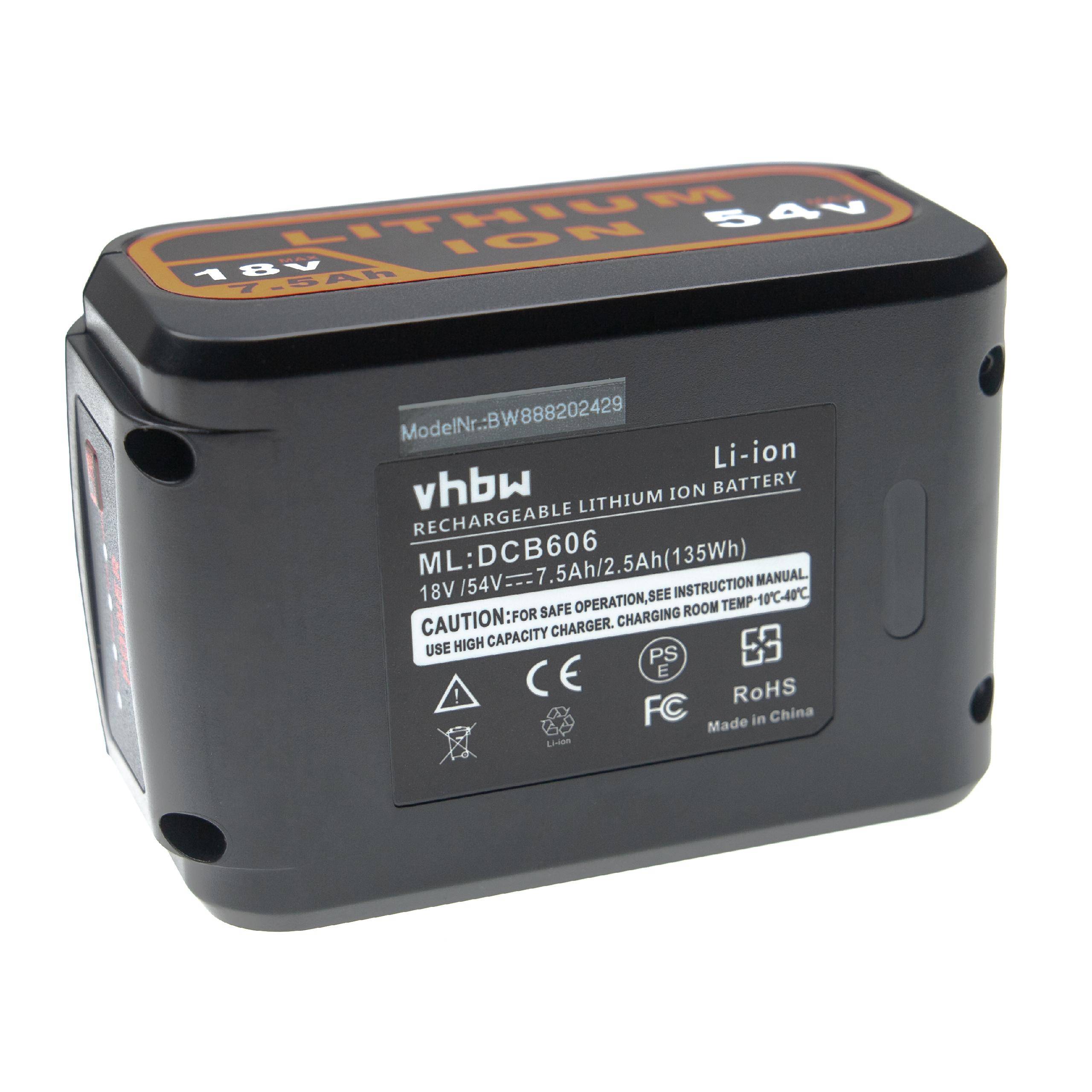 vhbw Akku kompatibel mit DeWalt CL3.C18S, DCD740, DCD740B, DCD771, DCD776 Elektrowerkzeug (7500 mAh, Li-Ion, 18 V / 54 V)