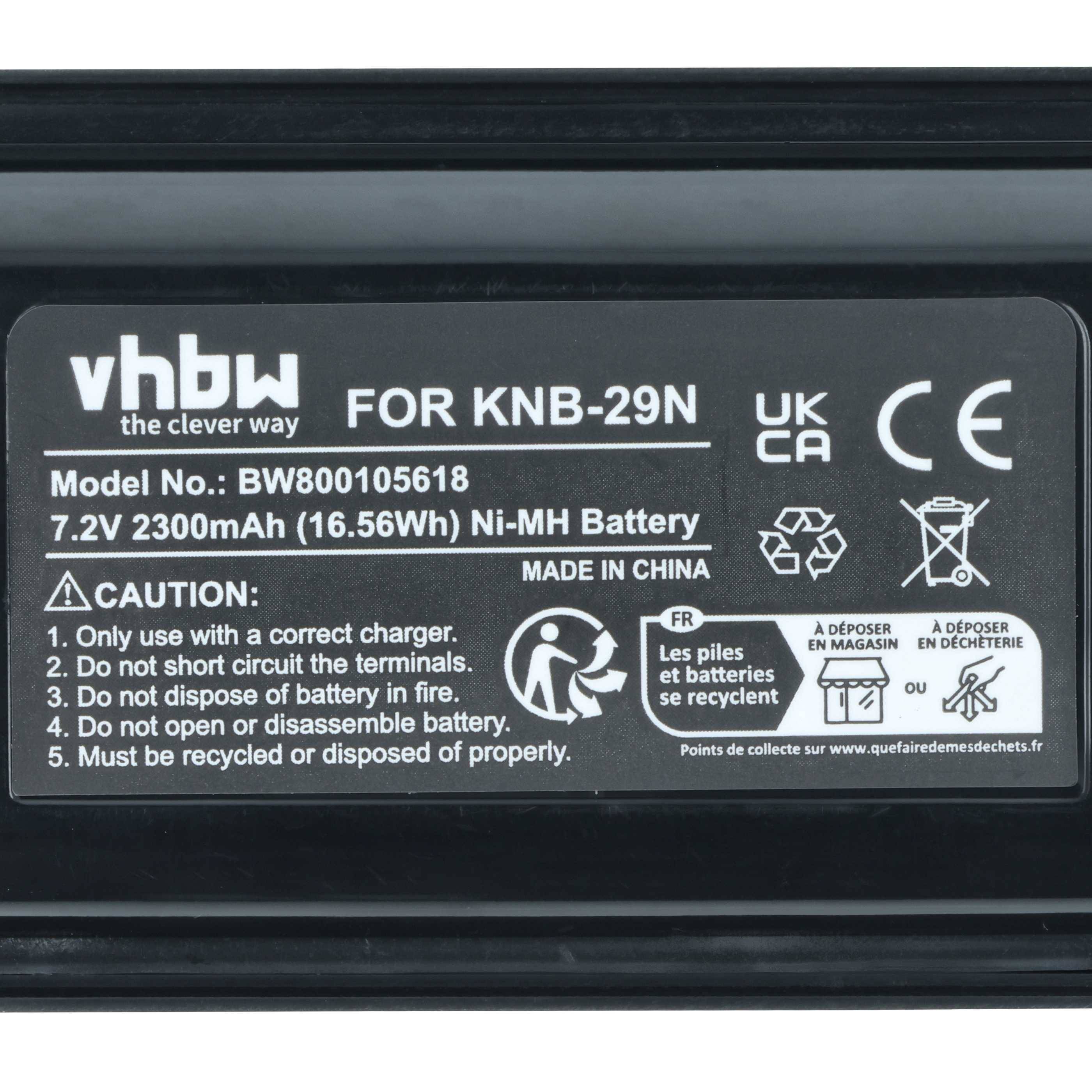 vhbw' Batterieaufkleber für Modell BW800105618, 7,2V 2300mAh Ni-MH. Enthält Nutzungshinweise und Recyclinginformationen. Hergestellt in China.