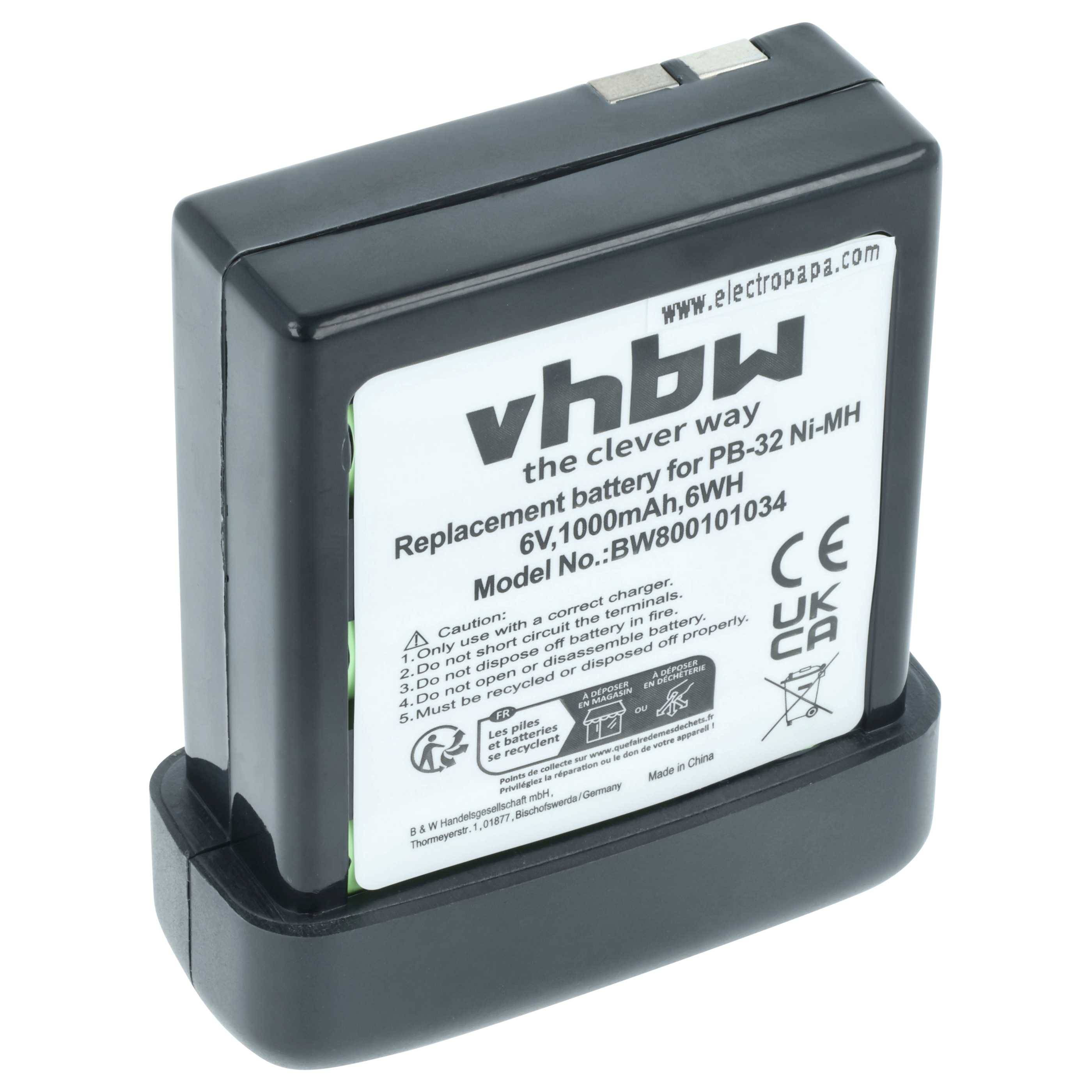 Ersatzbatterie für PB-32 NI-MH, 6V, 1000mAh, mit Modellnummer BWB001001034 in schwarzem Gehäuse.